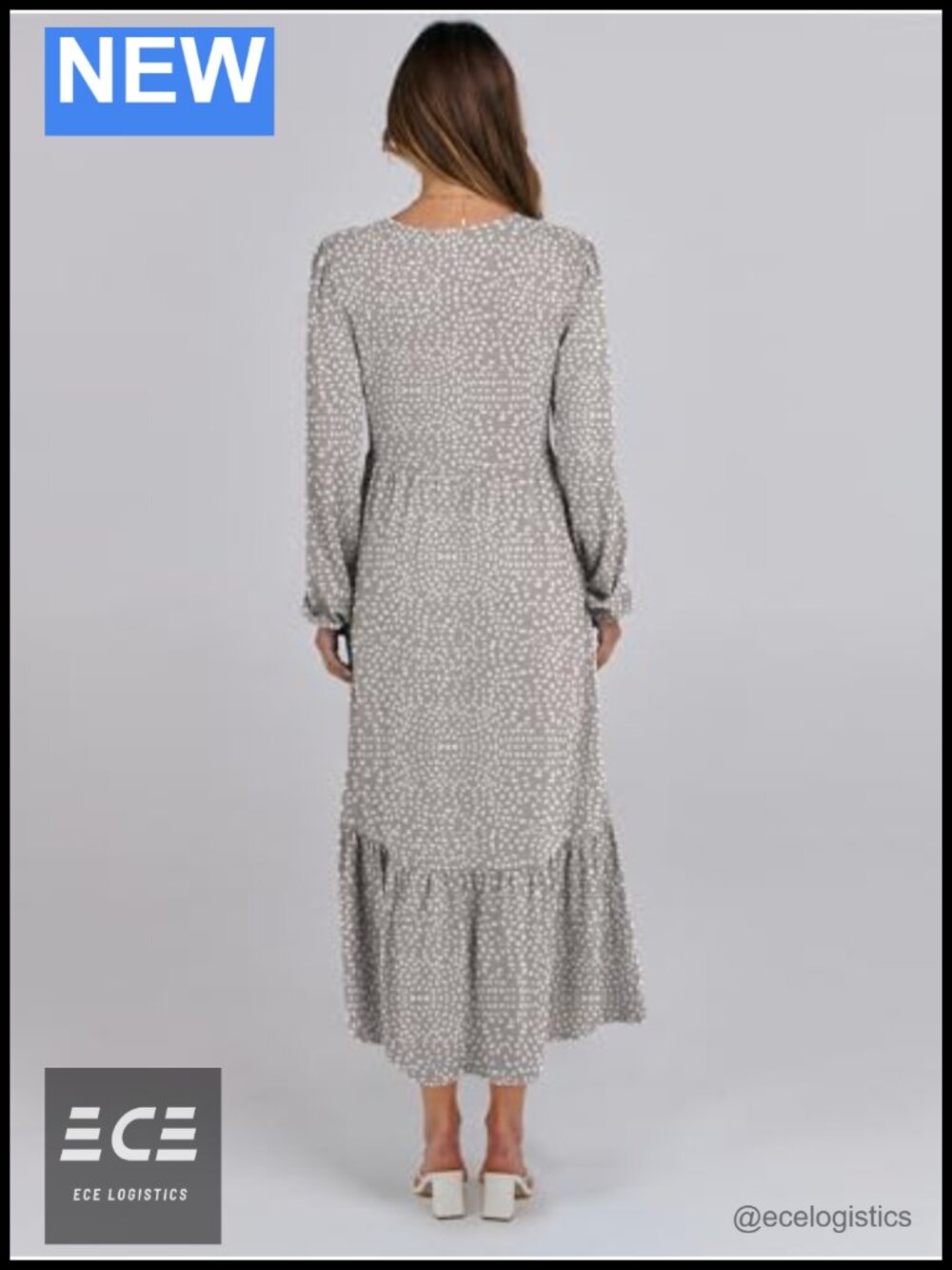 Women's Long Sleeve Flowy Tiered Midi Dress A-Line Crew Neck Pockets - Picture 3 of 6